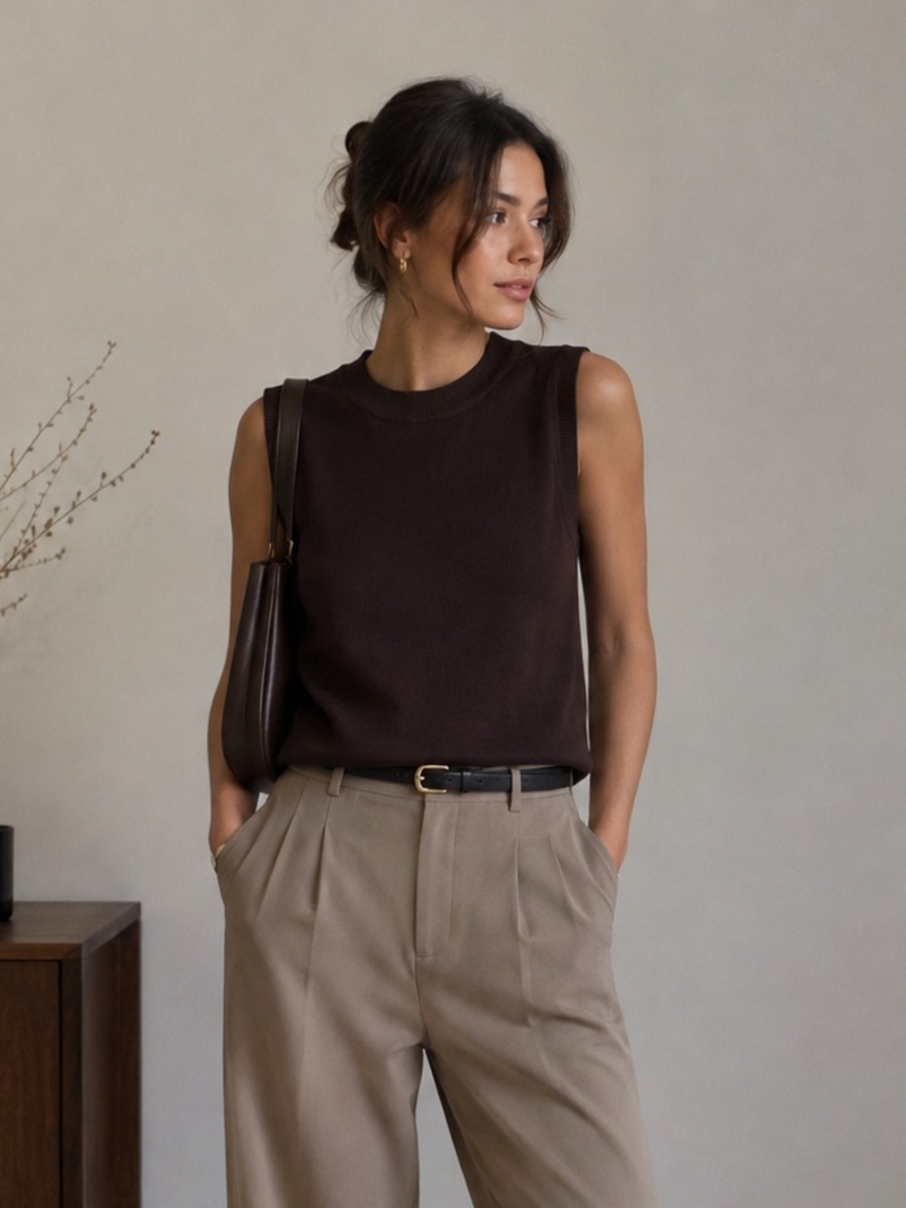 Mango NWT Chocolate Brown Knit Sweater Vest Large Fall Minimalist